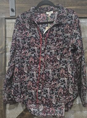 Umgee Black Paisley Long-Sleeve Button Shirt Jacket with Red Trim